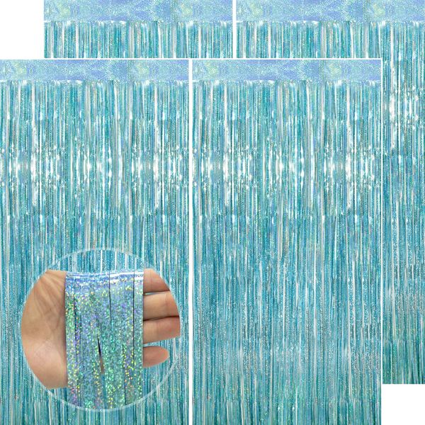 PatiCool Blue Tinsel Foil Fringe Curtain Backdrop - Thicken 4 Pack 3.2 x 8.2 FT - Glitter Blue Door Streamers Party Backdrop Decorations for Birthday, Baby Shower, Under The Sea, Ocean, VBS Party