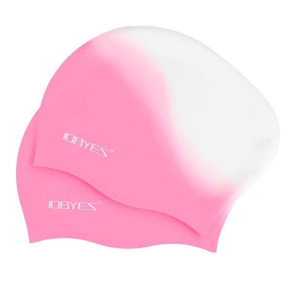 JOBYES Badekappe Damen 2 Stück Badehaube Mädchen Lange Haare Bademütze Kinder Swimming Cap (Weiß Pink)