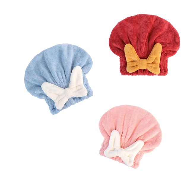 RICHERI 3PCS Bowknot Cute Hair Dry Cap Hat Girl Soft Super Water Absorbent Elastic Wrap Quick Drying Cap Hat for Women