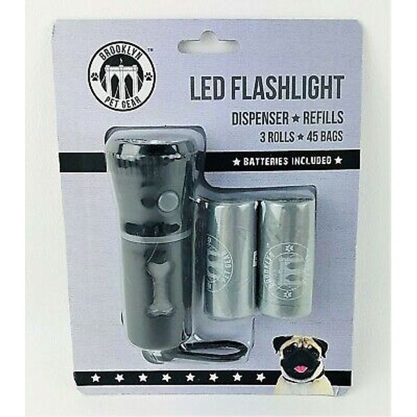 LED Flashlight Pet Waste Bag Dispenser w Clip + 3 Rolls 45 Bags Batteries