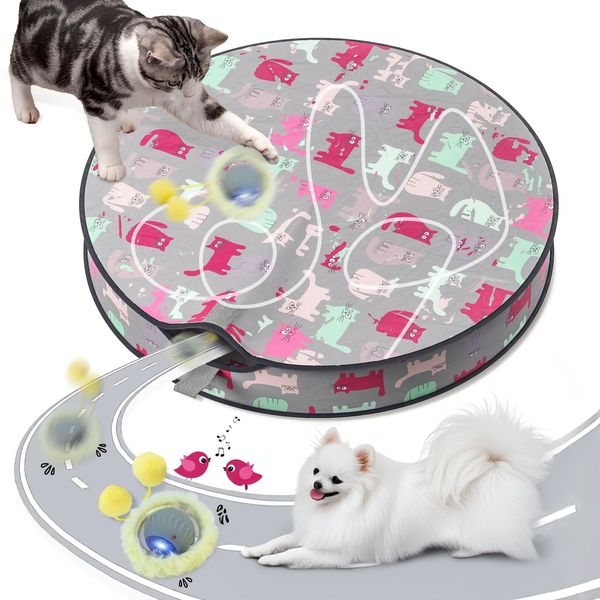 Interactive Cat Toys for Indoor Cat Kitten Puppy, Motion Activate Cat Toy in Pouch Fast Rolling Ball in Play Mat Hide and Seek Mouse Catching Game with Chirping Stimulation, LED Lights, Auto On/Off