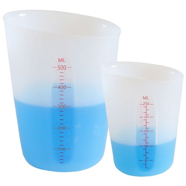 2 Stück Silikon Messbecher Krüge, 500ml/250ml Epoxidharz Mischbecher mit Skala Clear, Silicone Measuring Cups für Epoxidharz Gießformen, DIY Handmade, Basteln, Labor, Küche