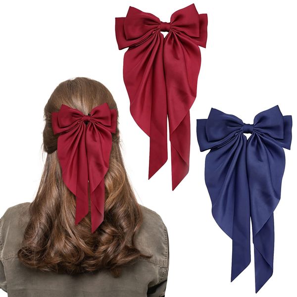 Bow Hair Clip, 2Pcs Hair Bows for Women Big Bowknot Hairpin French Hair Clips with Long Ribbon Solid Color Hair Barrette Clips Soft Satin Silky Hair Bows for Women Girls(Red+navy blue)