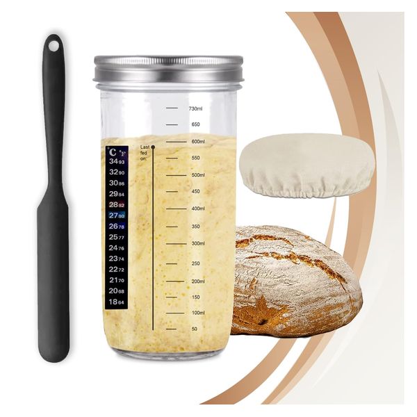 G&B Commerce Sourdough Starter Jar Kit Lid Set, 25 Oz, 730ml Glass Round Jar, Silicone Scraper, Cloth Cover, Thermometer Design, Bread Fermentation, Flour jar, All Flours