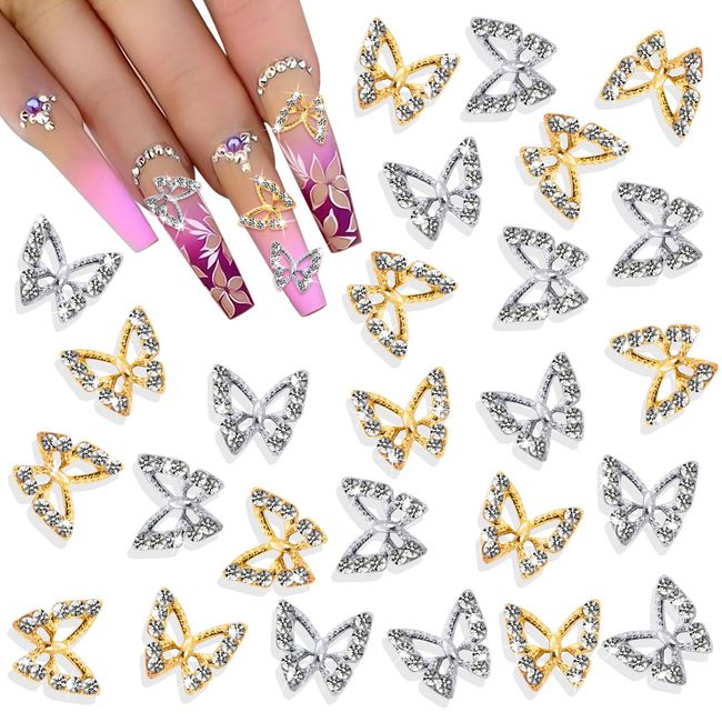 Noverlife 26PCS 3D Alloy Butterfly Nail Charms, Metallic Butterfly Charms Crystal Diamonds Butterfly Nail Art Rhinestones, Butterflies Flatback Charms Jewels for Manicure DIY Accessory(Gold&Silver)