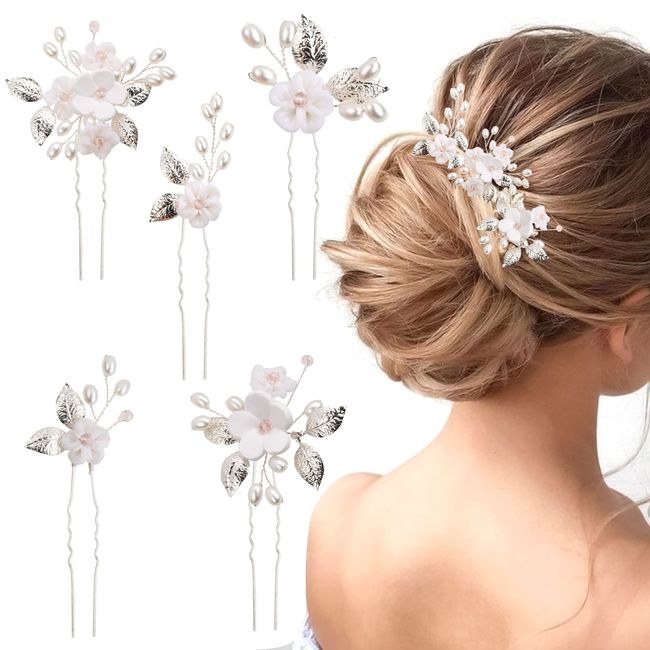 5 Stück Hochzeits Haarnadeln Braut Haar Accessoires Braut Haarnadeln Braut Haar Accessoires Blumen Blätter U-förmig Hochzeit Haarspangen Blumen Perlen Braut Haarschmuck für Frauen und Mädchen (Silber)