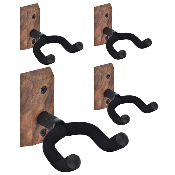 MOREYES Guitar Wall Mount 4 Pack, Guitar Wall Hangers with Adjustable Soft Guitar Hook for All Size Guitars, Hardwood U-Shaped Guitar Holder for Acoustic Guitar, Bass, Easy to Install, Black Walnut