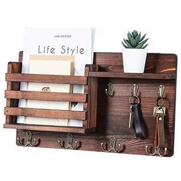 Mail Holder for Wall Mail Organizer with Key Hooks Hallway Farmhouse Brown