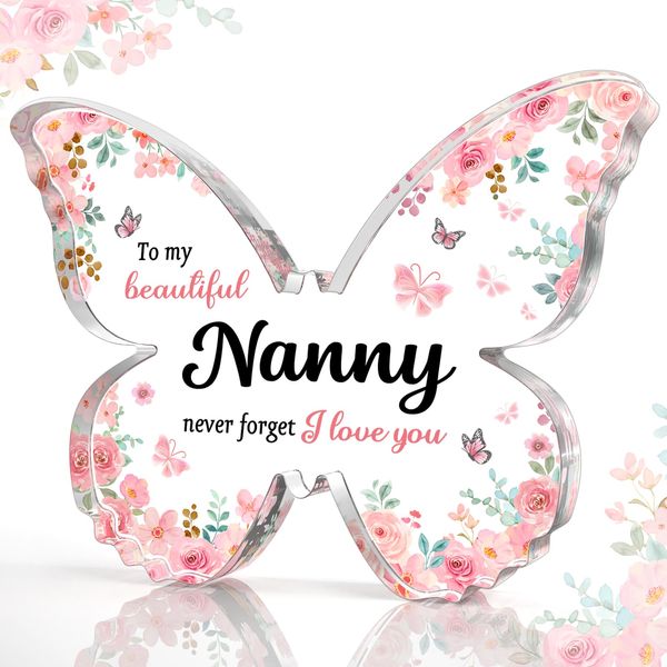 CheriGift Nanny Gifts, Best Nanny Birthday Gift, Christmas for Nanny Nana, Beautiful Butterfly Acrylic Plaque, Thoughtful Nanny Gifts from Grandchildren - To my beautiful nanny