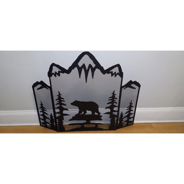 Vintage Log Cabin Rustic Bear In Snowcapped Mountains Metal Fireplace Screen