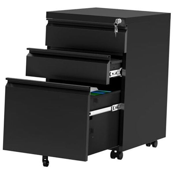 File Cabinet with Lock, 20” Deep Office Vertical Files, Mobile 3 Drawer Black