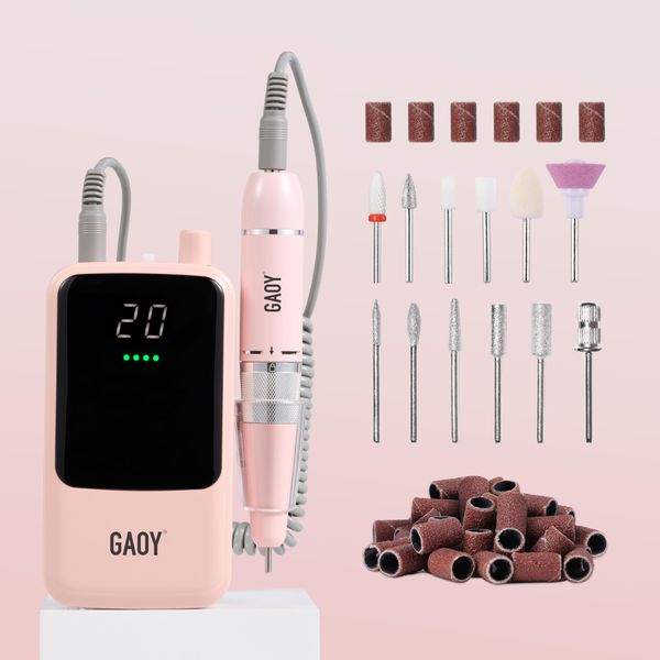 GAOY Rechargeable Cordless Nail Drill for Beginners, Electric Nail File with 12 Nail Drill Bits and Sanding Band Set for Acrylic and Gel Nails, Pink