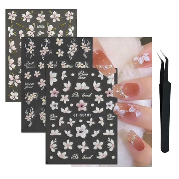 3 Sheets 5D Embossed Flower Nail Art Stickers,Nails Adhesive Stickers Nail Art Stickers for Nails DIY Manicure Decorations with Tweezer (Flower A-3Sheets)