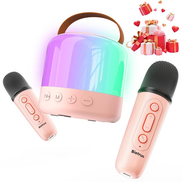 Mini Karaoke Machine with 2 Wireless Microphones for 5 Years Old Kids, Rechargeable Portable Bluetooth Karaoke Singing Speaker with Voice Changing, RGB Light, for Birthday, Family, Home Party Gift