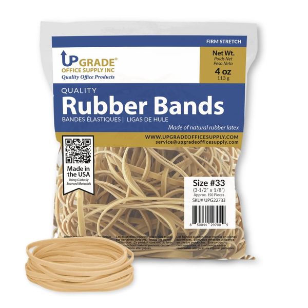 Upgrade Office Supply UPG22733 Rubber Bands, Size #33 (3-1/2 x 1/8") Natural Crepe, Made in USA (4 Oz Bag)