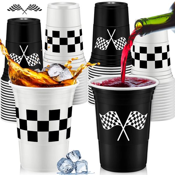 Norme 48 Pcs Checkered Flag Party Supplies Bulk 16 oz Race Car Cups Checkered Flag Thick Plastic Cup for Race Car Birthday Party Checkered Racing Party Sports Themed Birthday Party (Checkered Flag)