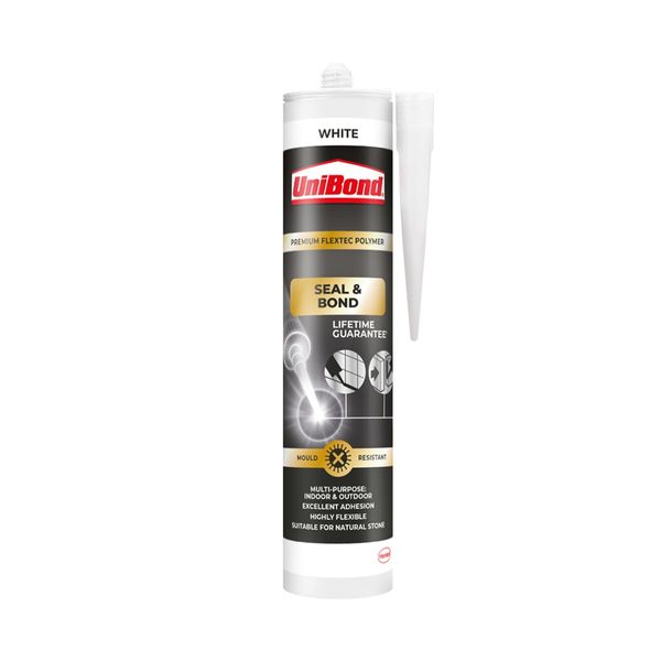 UniBond Seal & Bond Multi-Purpose Sealant, Mould-Resistant Waterproof Sealant, Powerful Kitchen and Bathroom Sealant, White, 1 x 389g Cartridge