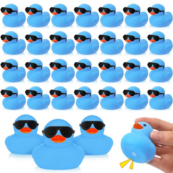 36 Packs Mini Rubber Ducks with Sunglasses Sets Duck Bath Toys Squeaky Rubber Ducks Cute Float Bathtub Duckies for Little One Birthday Party Favors Class Carnival Prizes Car Decor(Blue)