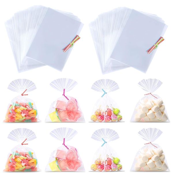 200PCS Clear Cellophane Treat Bags 20 x 15 cm, TOOELMON Sweet Party Gift Bags With Twist Ties, Clear Resealable Flat OPP Bags for Candy, Cookie, Chocolates, Birthday, Wedding