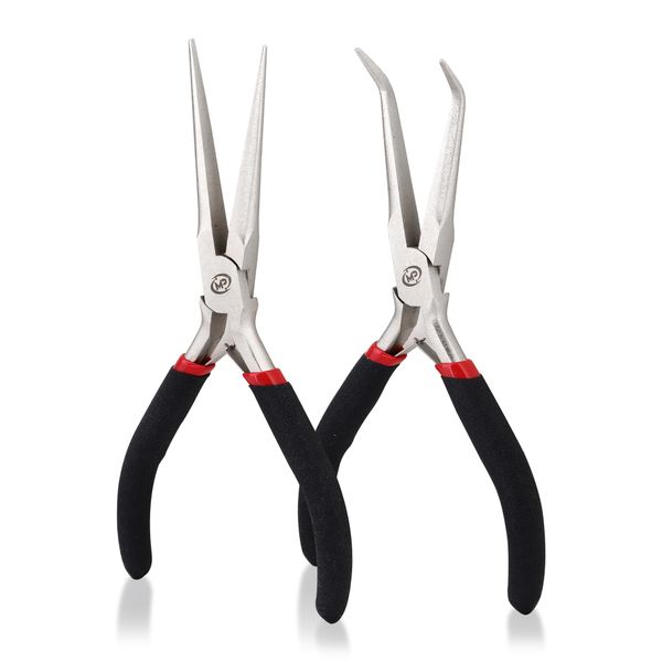 MaxoPro Premium 6 Inch Mini Needle Nose Pliers Set - 2 PCs Bent and Straight Long Nose Pliers with Comfort Grip - Non-Serrated Rust-Proof Long Reach Jewelry Pliers for Jewelry Making, Handmade Craft