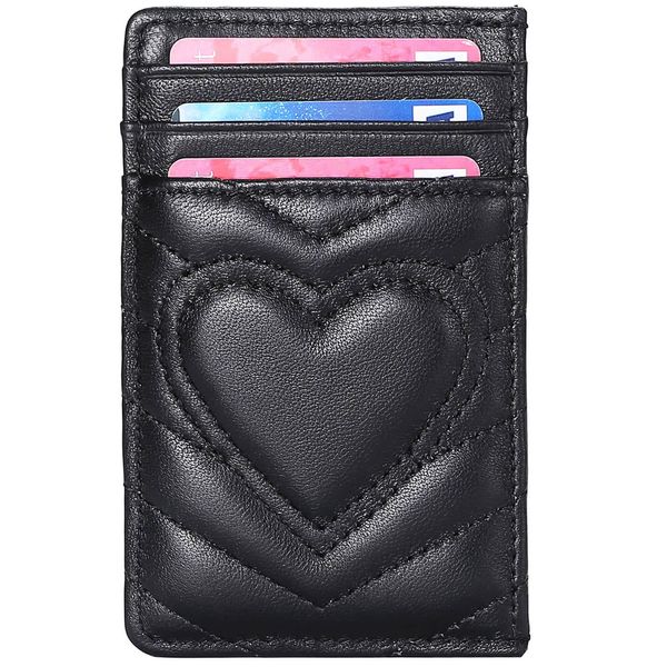 AUNER LEATHER Quilted Leather Heart Card Holder Wallet for Women with RFID Blocking, Black