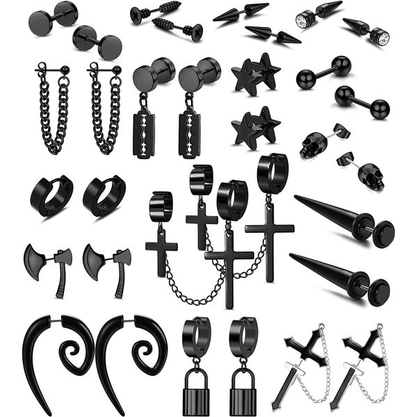 Morfetto 16 Pairs Stainless Steel Y2K Punk Earrings Black for Men Women Mens Earrings Skull Cool Emo Goth Chains Jewelry Piercing Dangle Hoop Earrings Stud Set