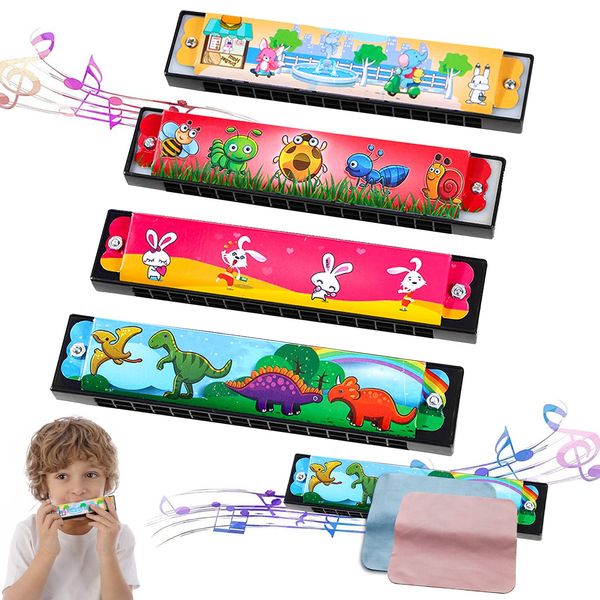 Harmonica For Children 16-Hole Children'S Harmonica Mundharmonika Kinder Colour Harmonica Toy AnfäNger 4 StüCk Various Colourful Cartoon Pattern Designs Mit 2 Mundharmonika TüCher