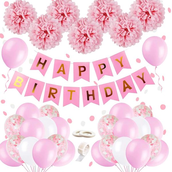 Pink Birthday Balloons Party Decorations Girls, SIMSPEAR Happy Birthday Banner Garland Party Supplies with Tissue Paper Pompoms, Pink Confetti Balloons for Girl Girlfriend Daughter Women Enfant