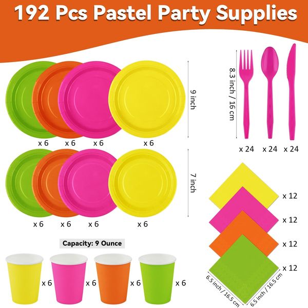 durony 192 Pcs Neon Party Supplies Paper Plates Cups Napkins Hard Plastic Cutlery Forks Knives Spoons Disposable Glow Party Tableware for Fiesta Neon Birthday Party Favor Decorations Serves 24 Guests