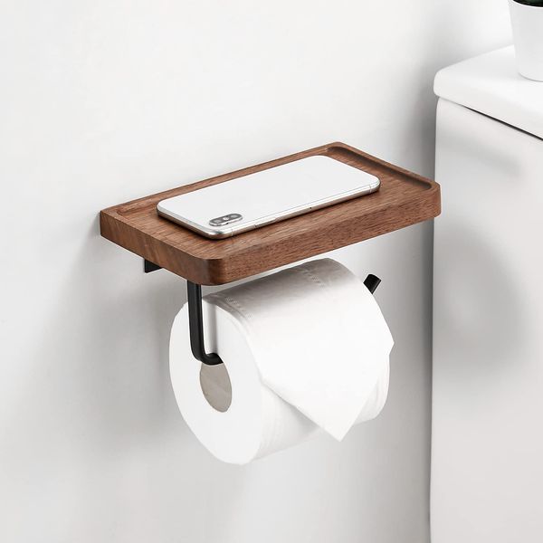 SARIHOSY Toilet Paper Holder with Shelf, Natural Wood, Easy Installation, Small Storage Storage, Japanese Style (1 Row)