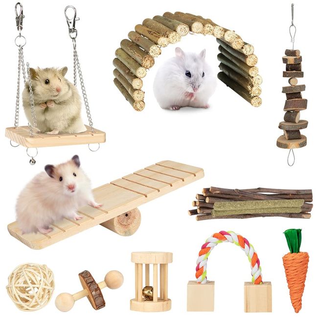 OmeHoin Hamster Kauspielzeug, 11 Stück Natürliches Kiefernholz aus Holz Übung Glockenrolle Zahnpflege Molar Backenzahnspielzeug Spielzeug für Meerschweinchen Ratten Chinchillas Spielzeug Zubehör