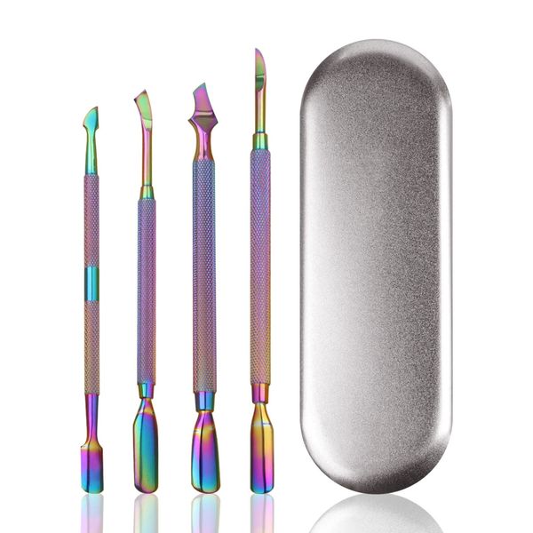 Dr.Pedi Cuticle Pusher and Cutter Nail Cleaner Tool Nail Cuticle Remover Tool Stainless Steel Double Ended Manicure Pedicure Kit in Storage Tin Box Nail Art Remover Tools 4 PCS, Color Gradient