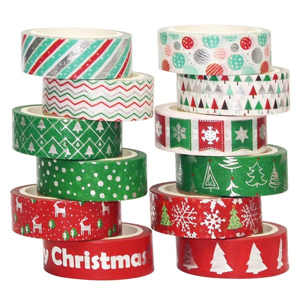 Washi Tape Set, 12 Rollen Weihnachten Dekorativer Klebstoff Washi Masking Tape Sticker im japanischen Stil für Kunst und Heimwerker, verschönern Bullet Journals, Planer, Scrapbooking