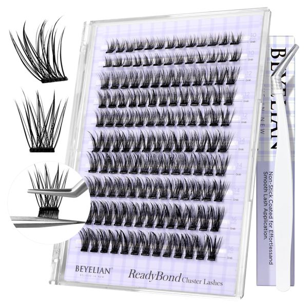 BEYELIAN Cluster Lashes Self Adhesive Eyelashes, 120 Pcs D+ Curl Pre Glued Eyelashes ReadyBond Lashes 10-16mm Mixed DIY Press on Cluster Eyelash Extensions at Home (R06)