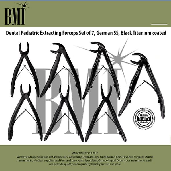 Dental Pediatric Extracting Forceps Set of 7, German SS, Black Titanium coated