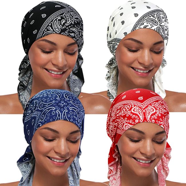 4 Pieces Women Chemo Hat Turban Beanie, Pre-Tied Headwraps Headwear Bandana for Hair Loss