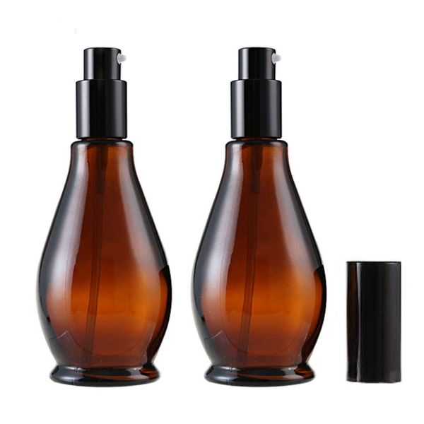 VASANA 2PCS Empty Refillable Amber Glass Lotion Pump Press Bottles Jars Makeup Face Cream Toiletries Toner Liquid Travel Containers Emulsion Essential Oil Dispenser