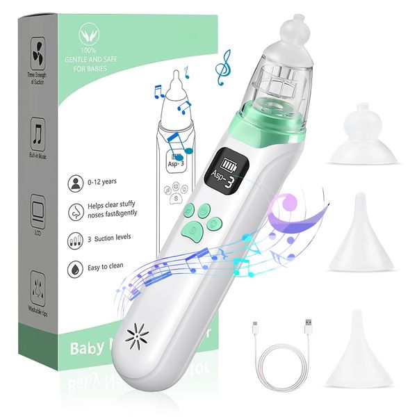 Nasal Aspirator for Baby, Electric Nose Suction for Toddler, Baby Nose Sucker with 3 Silicone Tips, Pause & Music & Light Soothing Function