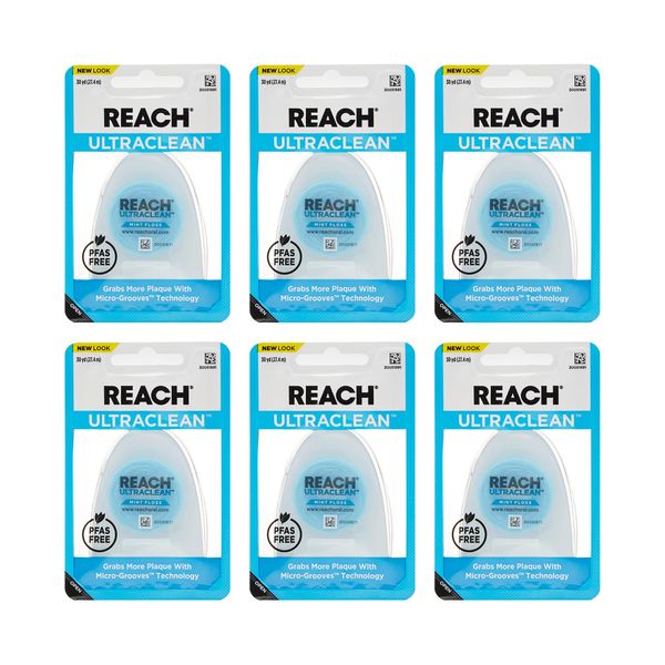 REACH® Listerine Ultraclean Mint Waxed Dental Floss | Dental Floss | PFAS Free | Shred Resistant | Effective Plaque Removal | Mint Flavor | 30yd, 6 Pack, Package May Vary