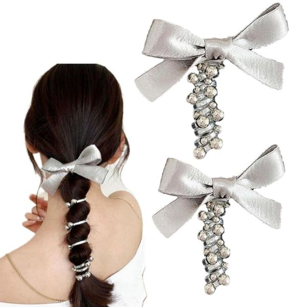 2pcs Silver Bow Tie Telephone Wire Spiral Hair Tie No Crease Ponytail Hair Band Elastic Coils for Women Girls