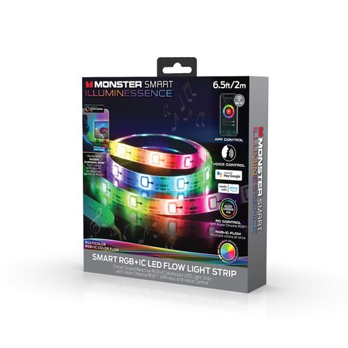 Monster 6.5ft LED Flow Multicolor Multi-Zone Light Strip, Great For Backlighting TV Monitors/Computer Desktops, Dynamic Flow Effects, Works With Google Assistant/Alexa/Siri, Mounting Clips Included
