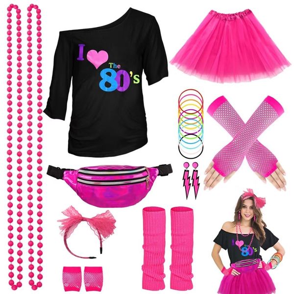 WILDPARTY 80s Fancy Dress For Women, I Love 80s T-Shirt, Tutu Skirt, Leg Warmers, Necklace, Fishnet Gloves, Earrings, 1980s Costumes Neon Accessories for Retro Theme Party Cosplay