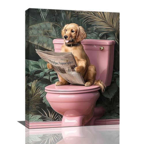 Crekviy Funny Golden Retriever Bathroom Decor Wall Art Dog Sitting on Toilet Pictures Cute Puppy Canvas Prints Painting Animal Restroom Artwork Home Decorations Framed Dog Gifts 12"x16"