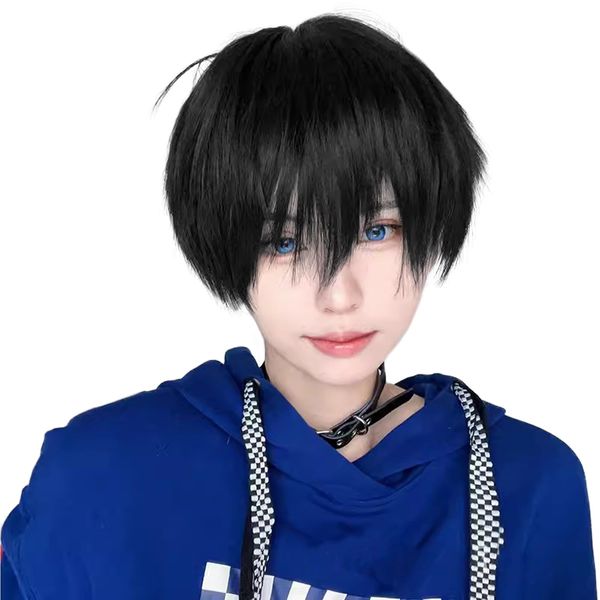 Hawkko Men's Short Wig, Full Wig, Men's Wig, Black Wig, Men's Wig, Harajuku, Handsome, Men's Natural, Small Face, Heat Resistant, Popular, Wig, Fashion, Imechan, Cosplay, Halloween, Unisex, With