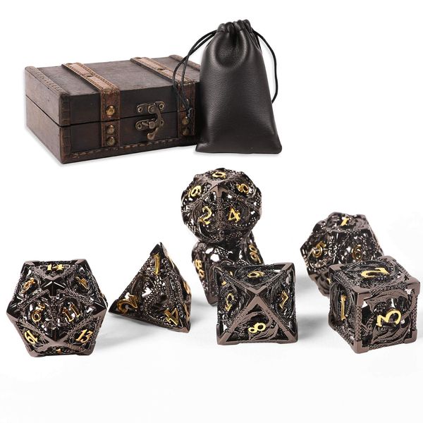 AncientDeer DND Dice Set 7 Pieces D&D Pure Copper Hollow Polyhedral DND Dice W/Gift Box & Dice Bag for DND Game RPG Explorers Savage World and Table Games DND Dungeons and Dragons Role Playing Games