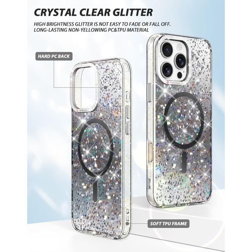 iMangoo for iPhone 16 Pro Max Case Glitter Compatible with Magsafe Magnetic Anti-Scratch Soft TPU Thin Slim Fit Sparkly Pretty Cute Bling Diamond Women Girly Design Protective Phone Cover Clear Black