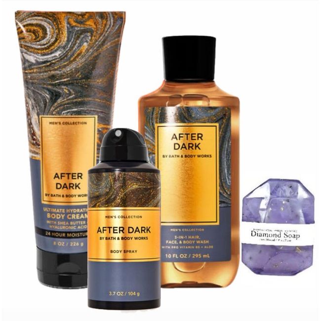 White Barn - Bath & Body Works - Men's Collection - 3 Piece Bundle - Spray - Body Cream - Shower Gel and Diamond Soap Soap (After Dark)