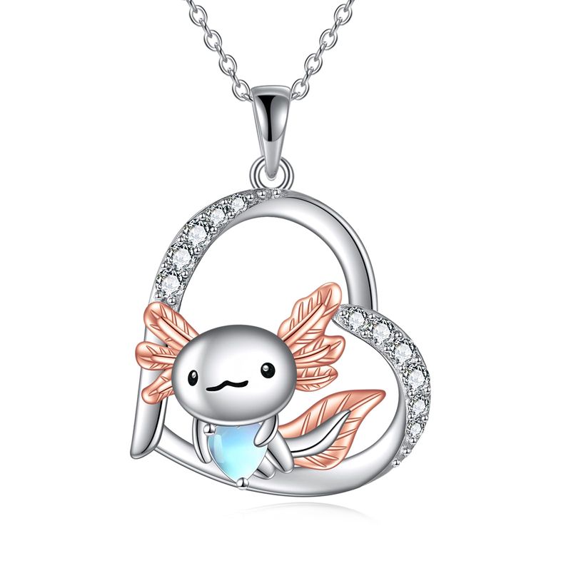 Axolotl, collana in argento Sterling 925, con cuore di pietra di luna e