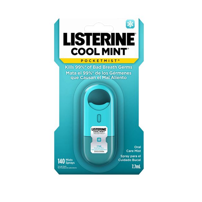 Listerine Cool Mint Pocketmist, Oral Care Mist for Fresh Breath, Non-Aerosol Sugar-Free Minty Bad Breath Refresher Spray to Kill 99% of Bad Breath Germs, Portable, Cool Mint Flavor, 7.7 mL