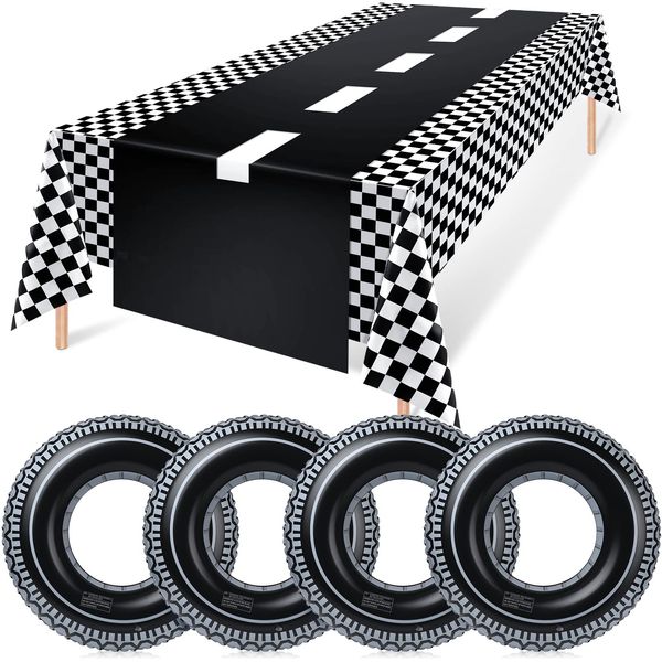 6 Pcs Racing Birthday Party Supplies Include Checkered Tablecloth Road Table Runner and Inflatable Tire Tubes for Racing Car Theme Party Decorations